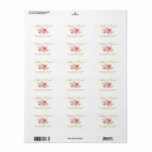 Waterverf Bloemen Roze Blush Goud Bruiloft Adres Etiket (Full Sheet)