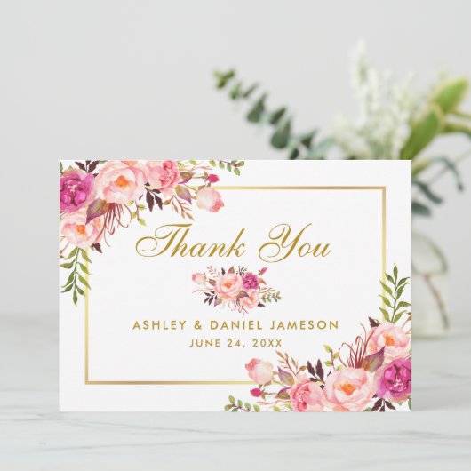 Waterverf Bloemen Roze Blush Goud Bruiloft Bedankt (Staand voorkant)