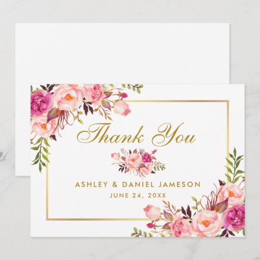 Waterverf Bloemen Roze Blush Goud Bruiloft Bedankt (Voorkant / Achterkant)