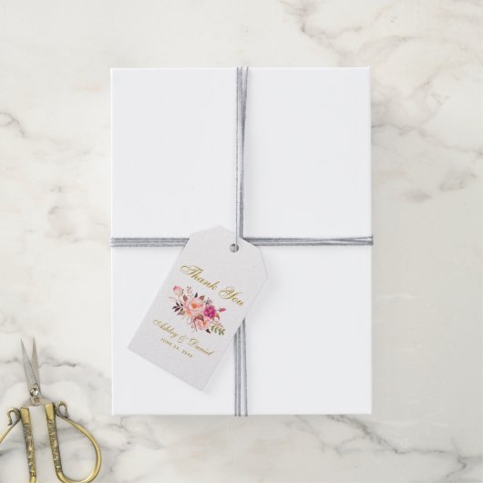 Waterverf Bloemen Roze Blush Goud Bruiloft Bedankt Cadeaulabel (Met Touw)