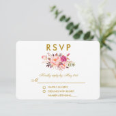 Waterverf Bloemen Roze Blush Goud Bruiloft RSVP Kaartje (Staand voorkant)