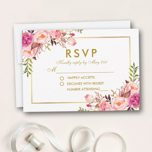 Waterverf Bloemen Roze Blush Goud RSVP Bruiloft