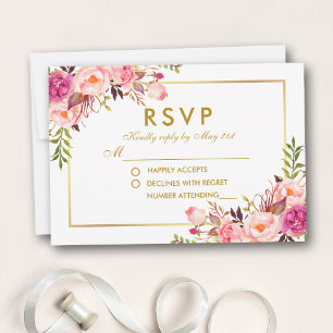 Waterverf Bloemen Roze Blush Goud RSVP Bruiloft Kaartje