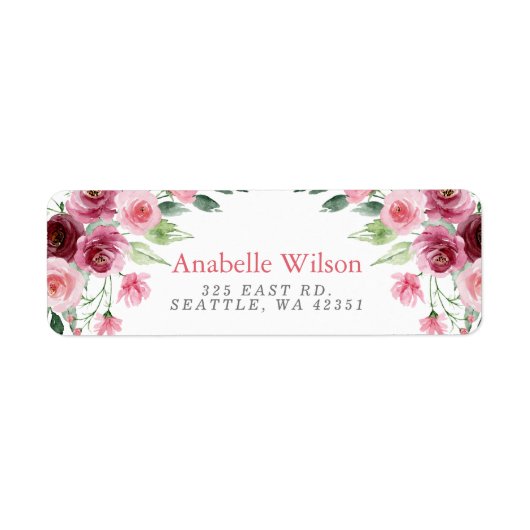 Waterverf Bloemen Roze Bourgogne Bloemen Etiket (Voorkant)