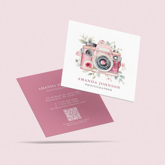 Waterverf Bloemen Roze Camera Fotograaf QR Code Vierkante Visitekaartje