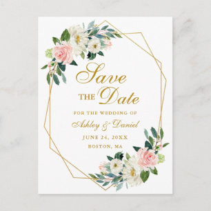Waterverf Bloemen Roze Goud Lijst Save the Date Aankondigingskaart