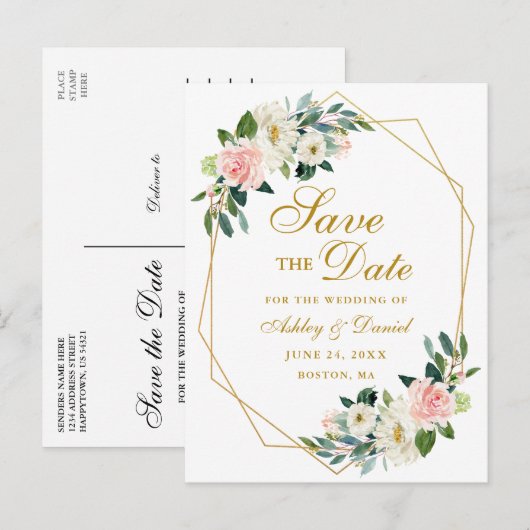 Waterverf Bloemen Roze Goud Lijst Save the Date Aankondigingskaart (Voorkant / Achterkant)