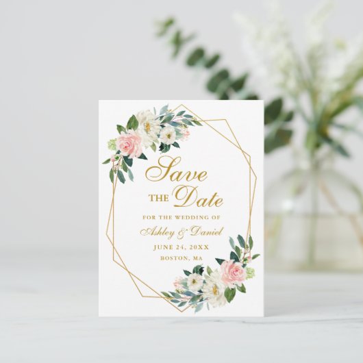 Waterverf Bloemen Roze Goud Lijst Save the Date Aankondigingskaart (Staand voorkant)