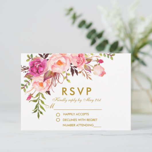 Waterverf Bloemen Roze Goud RSVP Bruiloft (Staand voorkant)