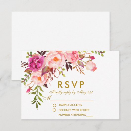 Waterverf Bloemen Roze Goud RSVP Bruiloft Kaartje (Voorkant / Achterkant)