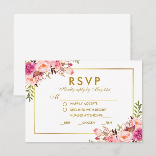 Waterverf Bloemen Roze Goud RSVP Trouwmaaltijd (Voorkant / Achterkant)