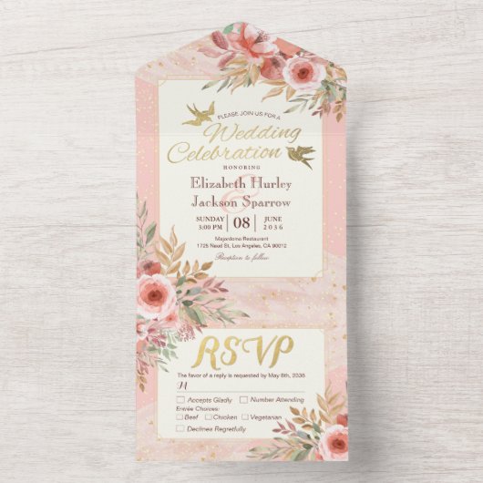 Waterverf bloemen roze gouden Confetti RSVP All In One Uitnodiging (Binnen)
