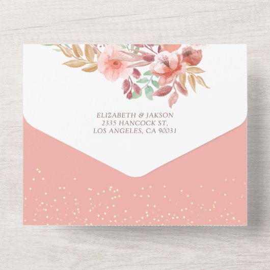 Waterverf bloemen roze gouden Confetti RSVP All In One Uitnodiging (Achterkant)
