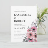 Waterverf Bloemen Roze Grijs Anemone Bruiloft Kaart (Staand voorkant)