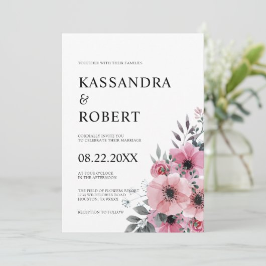 Waterverf Bloemen Roze Grijs Anemone Bruiloft Kaart (Staand voorkant)