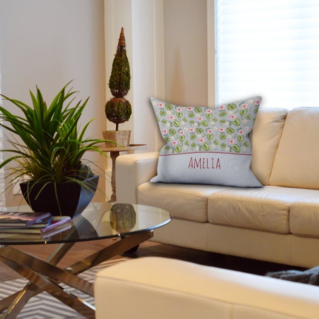 Waterverf Bloemen Roze Grijs Naam Kussen (Creator heeft geüpload)