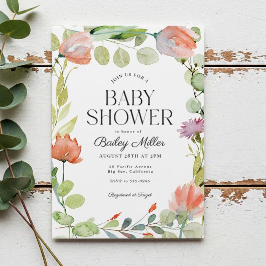 Waterverf Bloemen Roze Groen Baby shower Kaart