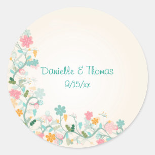 Waterverf Bloemen Roze Groen Turquoise Bruiloft Ronde Sticker