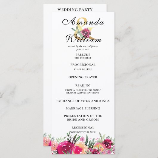 Waterverf Bloemen Roze Huwelijksceremonie Programm Programmakaart (Voorkant / Achterkant)
