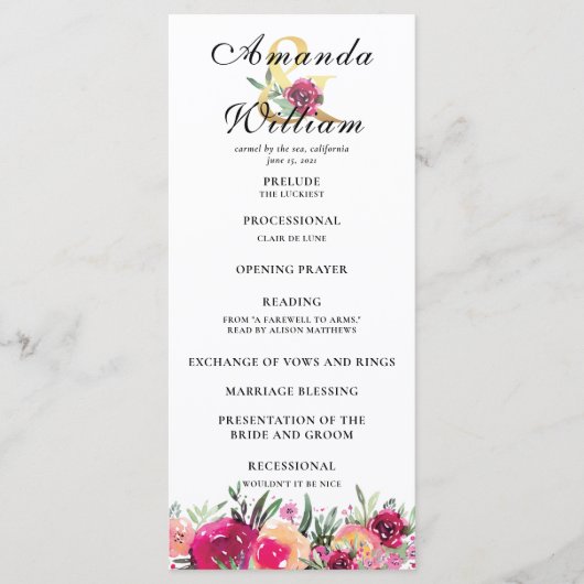 Waterverf Bloemen Roze Huwelijksceremonie Programm Programmakaart (Voorkant)