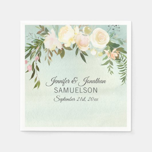 Waterverf Bloemen Roze Ivoor Mint Krans Bruiloft Servet (Voorkant)