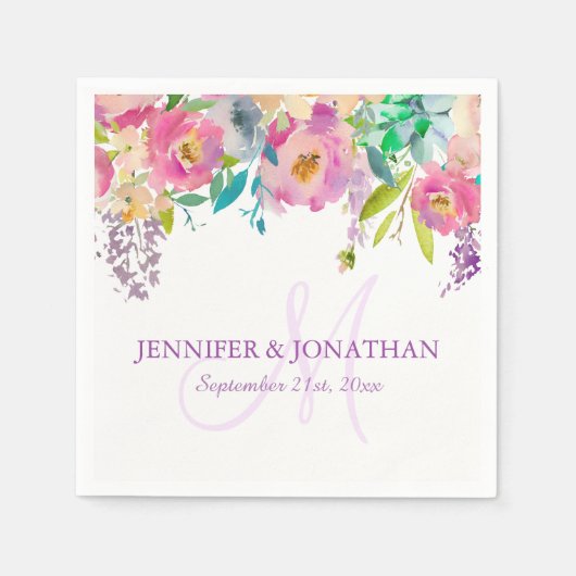 Waterverf Bloemen Roze Lila Paarse krans bruiloft Servet (Voorkant)