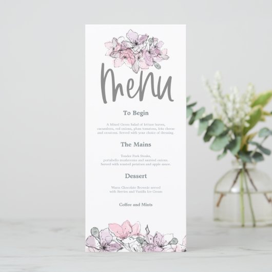 Waterverf Bloemen Roze Lila Script bruiloft Menu (Staand voorkant)