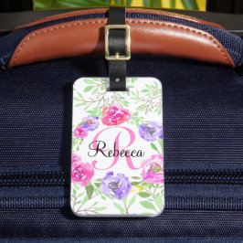 Waterverf Bloemen Roze Monogram Bagagelabel