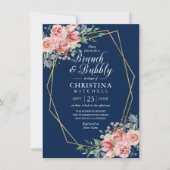 Waterverf Bloemen Roze Navy Blue Brunch Bubbly Kaart (Voorkant)