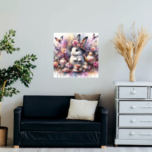 Waterverf Bloemen Roze Paarse Konijnenthee Party Foto Afdruk