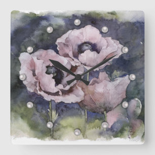 Waterverf bloemen roze papaver vierkante klok
