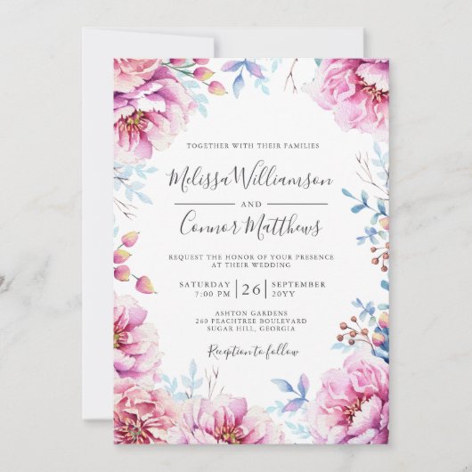 Waterverf Bloemen Roze Pioenenbruiloft Kaart (Voorkant)