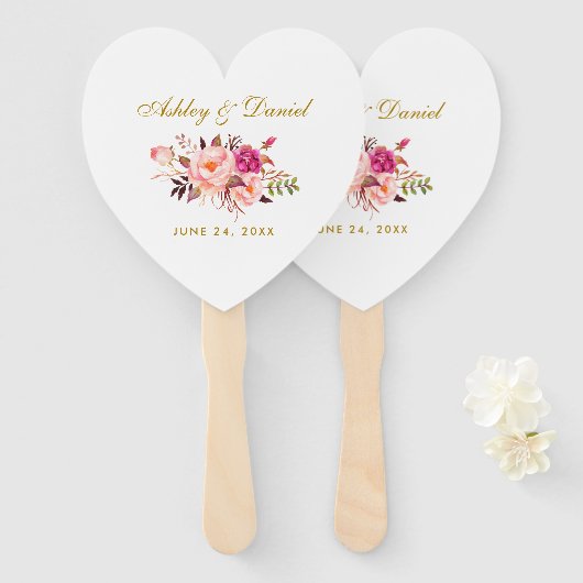 Waterverf Bloemen Roze Rose Blush Huwelijk Hart Handwaaier (Voorkant en achterkant)