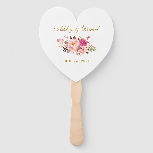 Waterverf Bloemen Roze Rose Blush Huwelijk Hart Handwaaier (Voorkant)