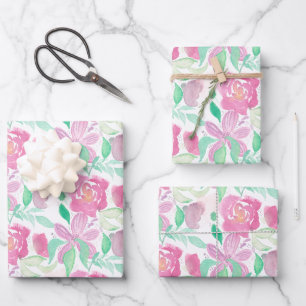 Waterverf Bloemen Roze Rozen Handgeschilderd Patro Inpakpapier Vel