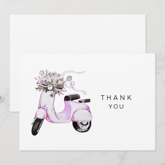 Waterverf Bloemen Roze Scooter Custom Gepersonalis Bedankkaart (Voorkant / Achterkant)