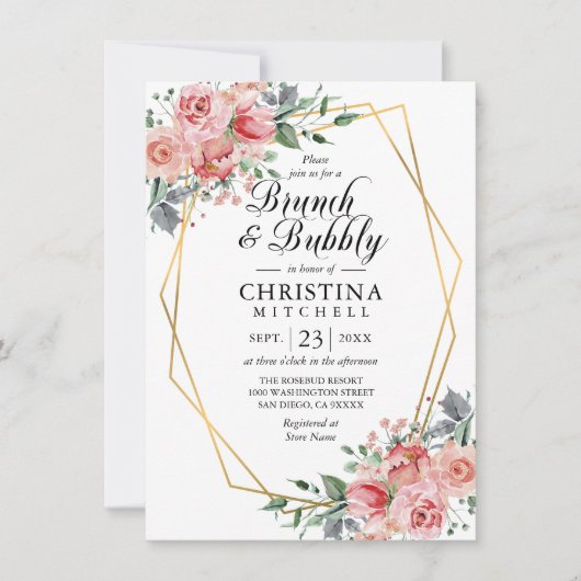 Waterverf Bloemen Roze Stoffig Roos Brunch Bubbly Kaart (Voorkant)