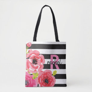 Waterverf Bloemen Roze & Strepen Monogrammed Tote Bag