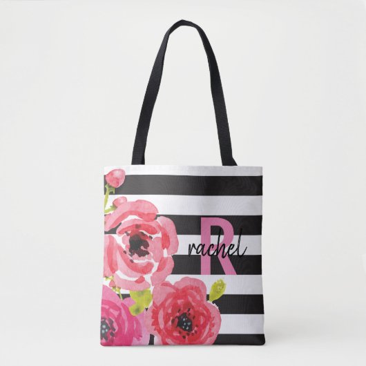 Waterverf Bloemen Roze & Strepen Monogrammed Tote Bag (Voorkant)