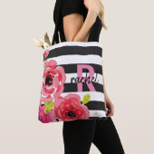 Waterverf Bloemen Roze & Strepen Monogrammed Tote Bag (Dichtbij)