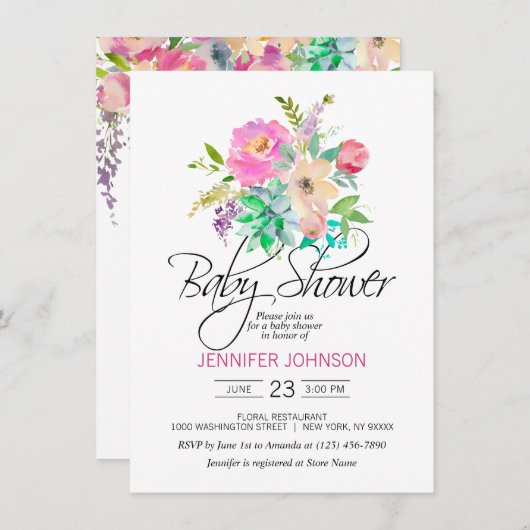 Waterverf Bloemen Roze Succulenten Baby shower Kaart (Voorkant / Achterkant)