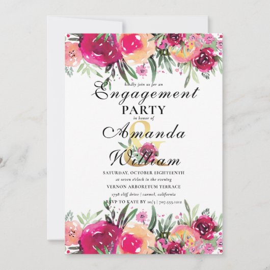 Waterverf Bloemen Roze Verlovingsfeest Kaart (Voorkant)