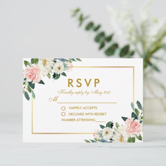 Waterverf Bloemen Roze Wit Goud Bruiloft RSVP Pk (Staand voorkant)