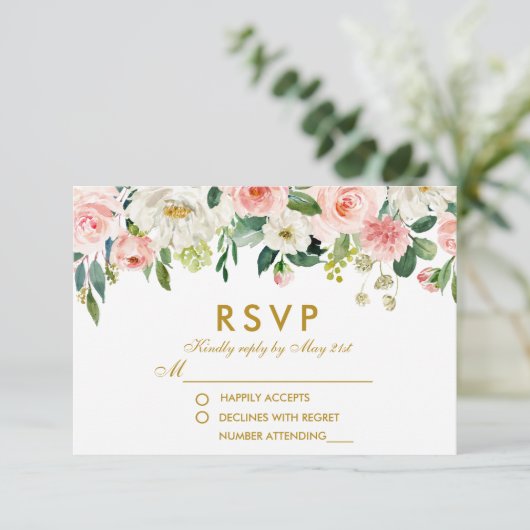 Waterverf Bloemen Roze Wit Goud RSVP Bruiloft (Staand voorkant)