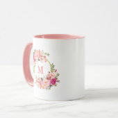 Waterverf Bloemen Roze Wit Gouden Cirkel Monogram Mok (Voorkant links)