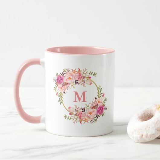 Waterverf Bloemen Roze Wit Gouden Cirkel Monogram Mok (Met donut)