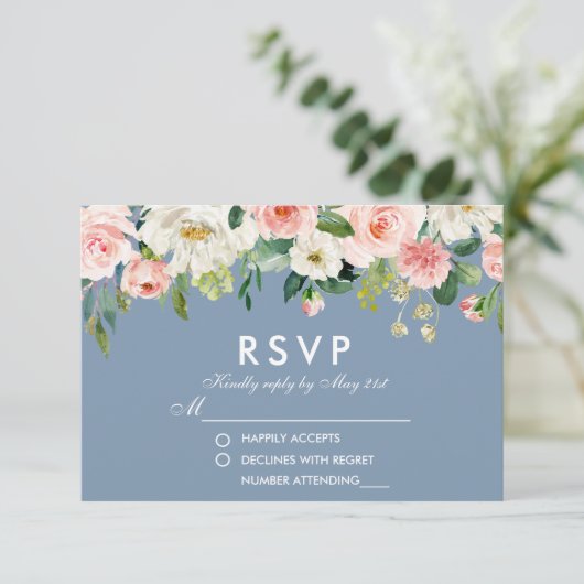 Waterverf Bloemen Roze Wit Stoffig Blauw Bruiloft RSVP Kaartje (Staand voorkant)