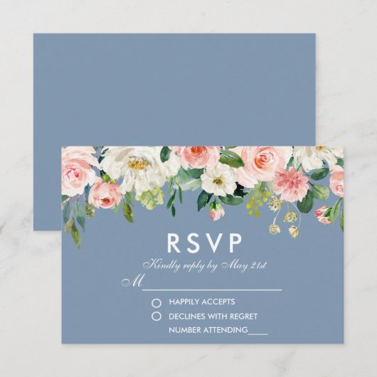 Waterverf Bloemen Roze Wit Stoffig Blauw Bruiloft RSVP Kaartje (Voorkant / Achterkant)