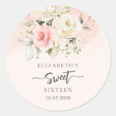 Waterverf Bloemen Roze Zoet 16 Verjaardagsfeest Ronde Sticker (Voorkant)