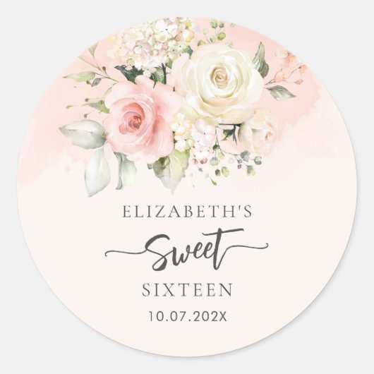 Waterverf Bloemen Roze Zoet 16 Verjaardagsfeest Ronde Sticker (Voorkant)